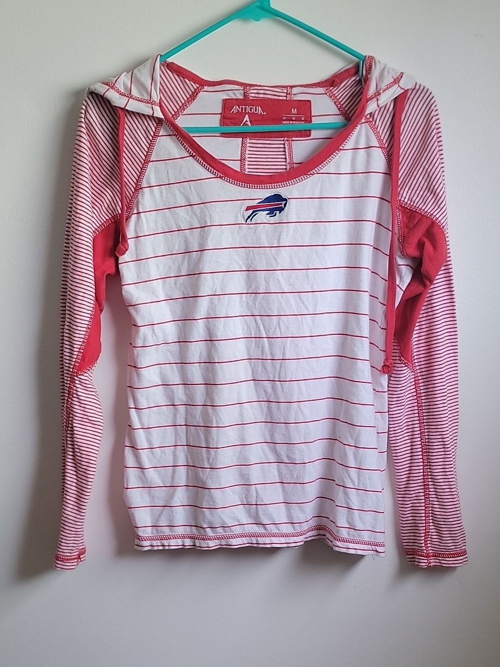 Antigua Buffalo Bills White & Red Striped Hooded Long Sleeve Top